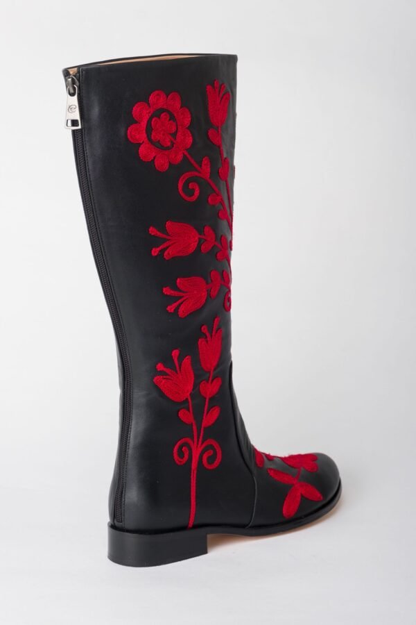 Leather Red on Black Flat Boots 3