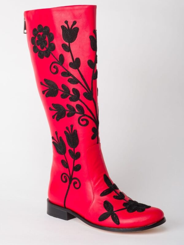 Leather Black on Red Flat Boots 2