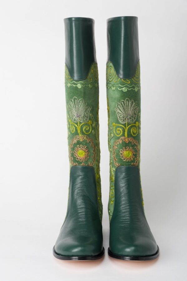 Suzani Green With Green Leather Flat Boots 1
