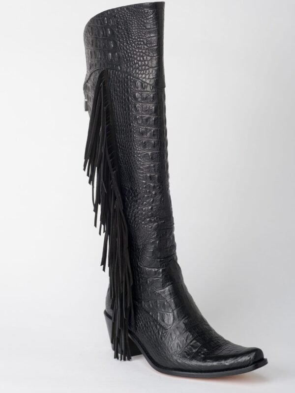 Alligator Leather Black with Fringes Heel Boots 2